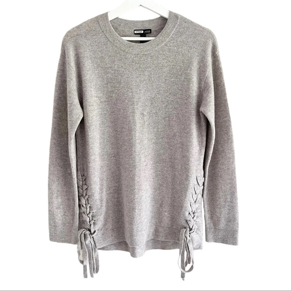 Aqua Cashmere Heather Gray Taupe Crew Neck 💯 Cashmere Sweater lace up side sz L - Picture 2 of 10